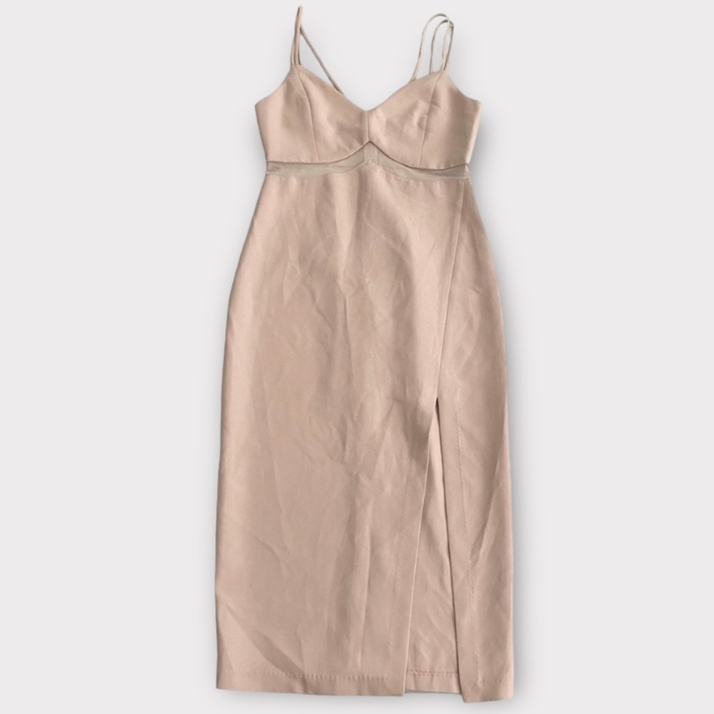 TOV Los Angeles Dress Size 6 Strappy Zip Up Single Slit Midi Mesh Blush Feminine